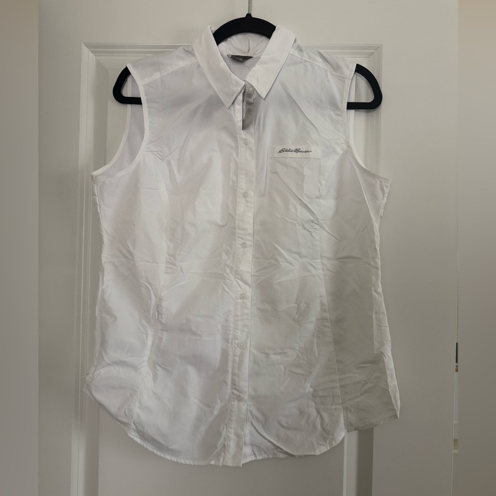 Eddie Bauer Men's White Sleeveless Button Down Shirt